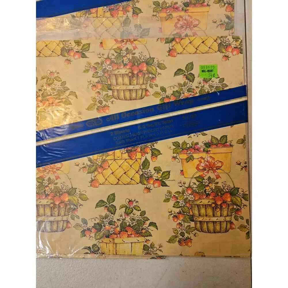 Vintage Strawberry Basket Wrapping Paper Lot of 6 NOS Sealed Sheets Paper Goods